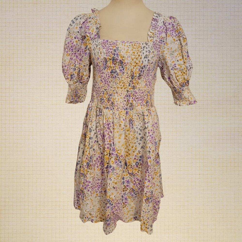 1 State Medium Floral Cottagecore Puff Sleeve Smocked Mini Dress